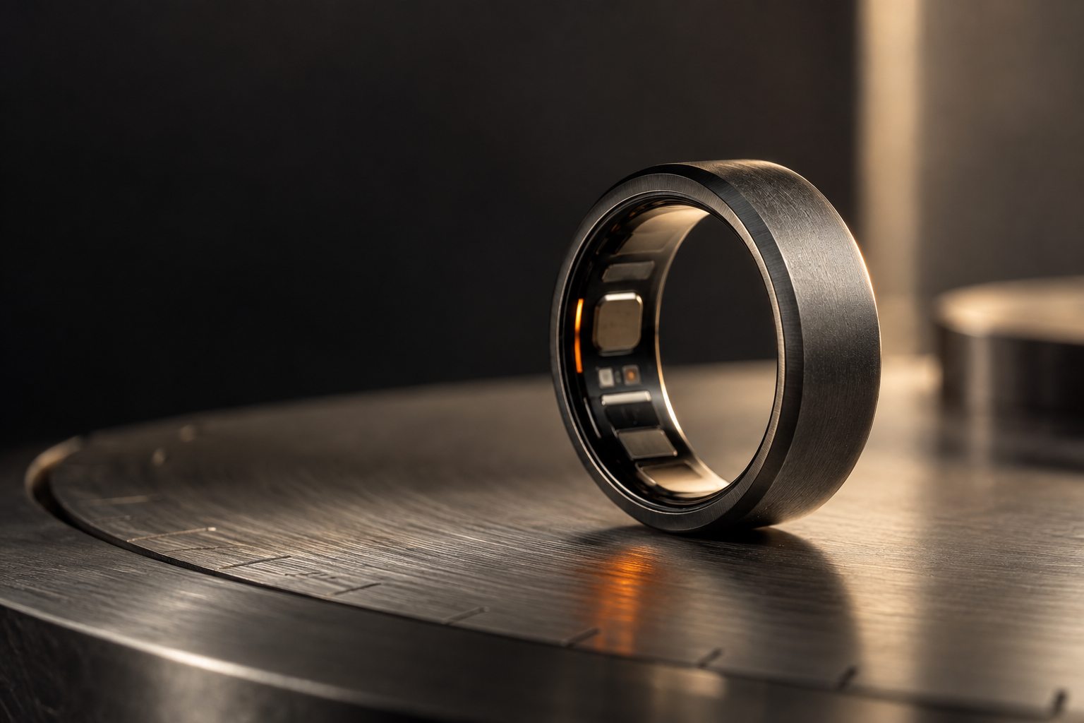 Graphite smart ring photographed as a precision industrial object